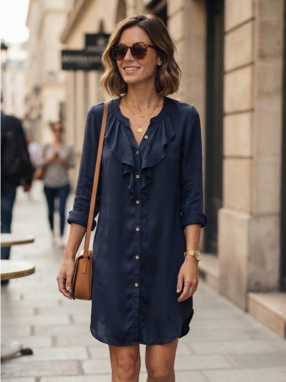 Yoana Baraschi 100% Silk Blue Ruffle Long Sleeve Tunic Dress Designer Luxury S